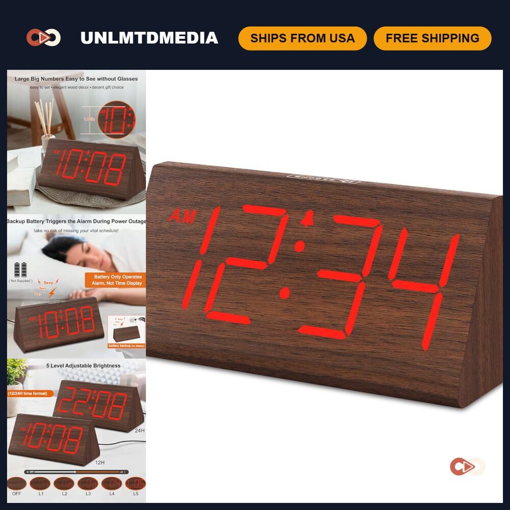 Wooden Digital Alarm Clock for Bedrooms, Large Display, Easy Read Desk Clock